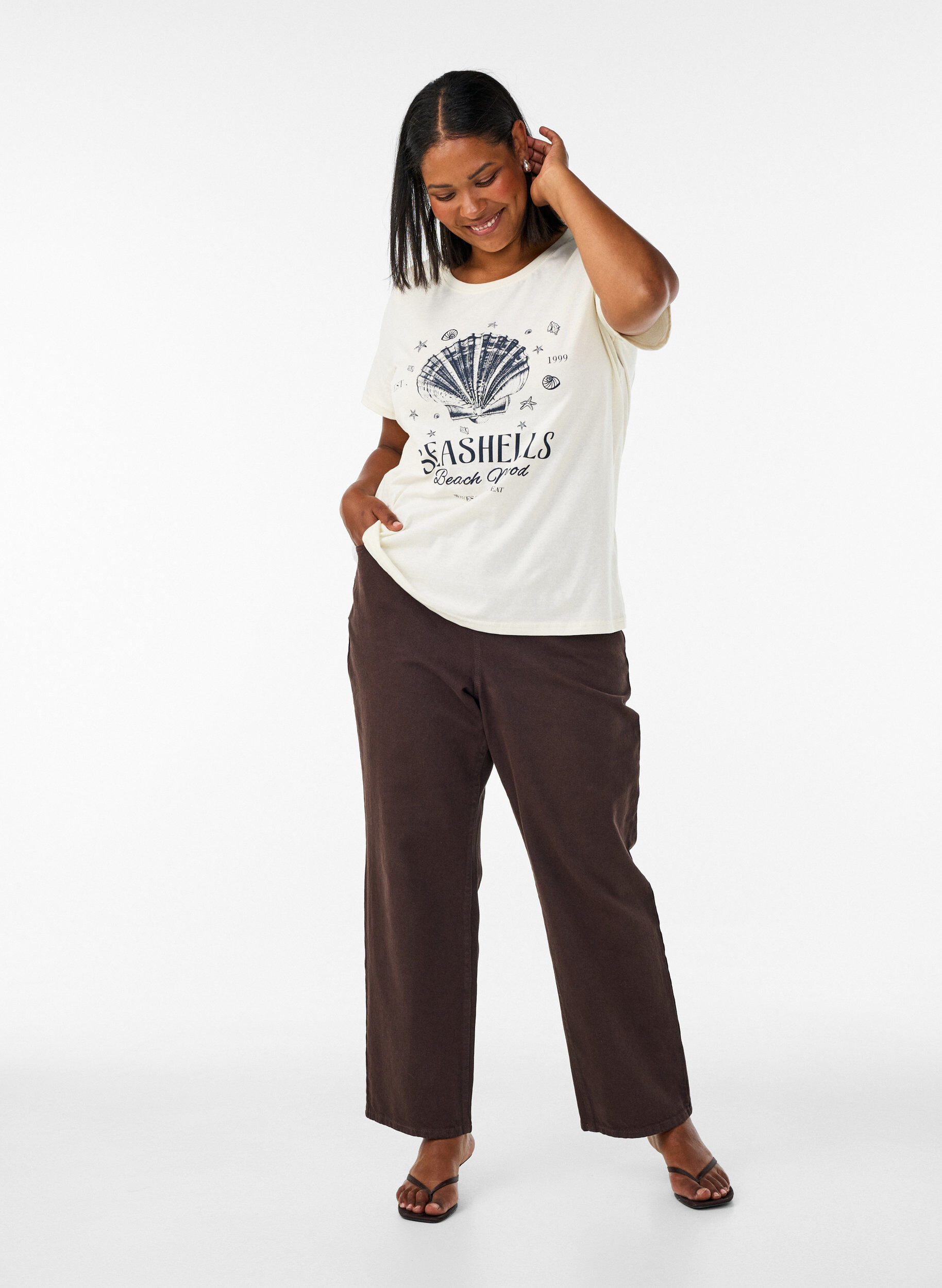 ZizziT-Shirt aus Baumwolle mit Print, Vanille, Model image number 1