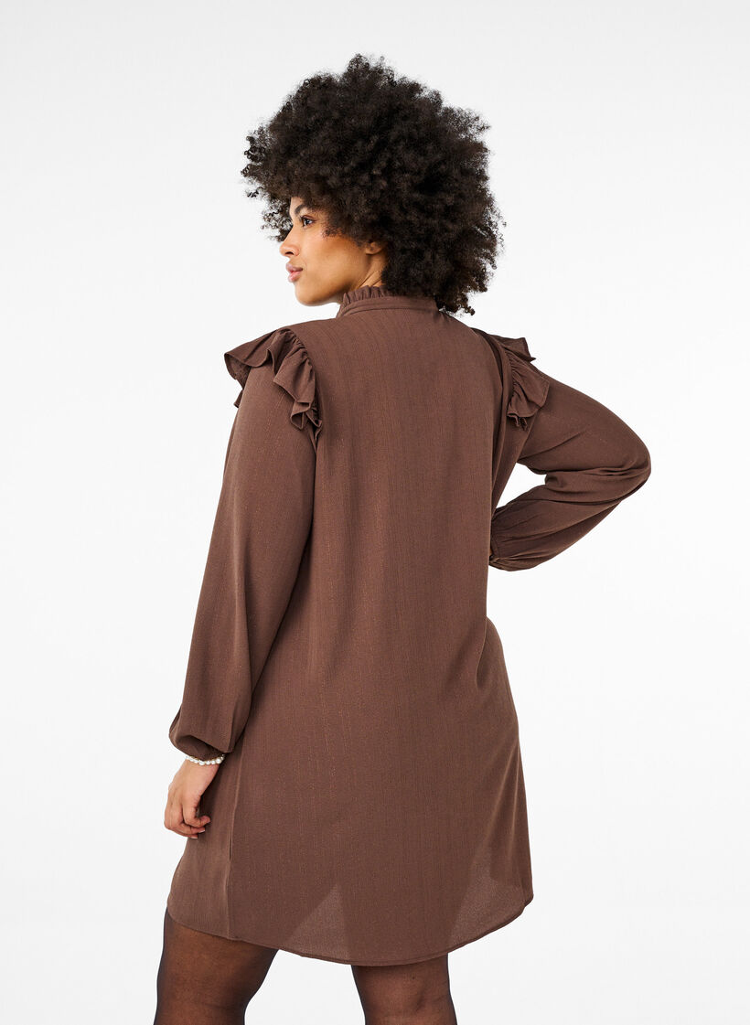 Kurzes Kleid mit Rüschen und Glitzer, Braun, Model image number 2