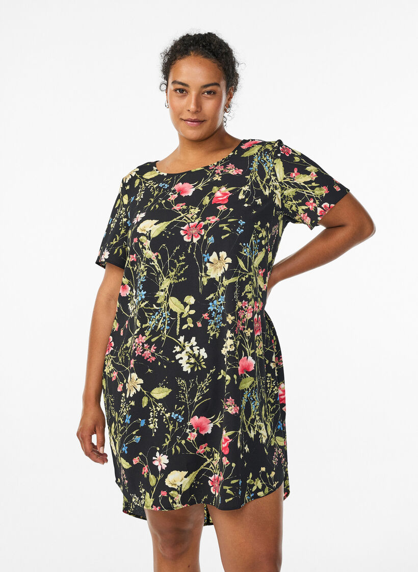 Kleid mit Aufdruck und kurzen Ärmeln, Schwarz, Model image number 0