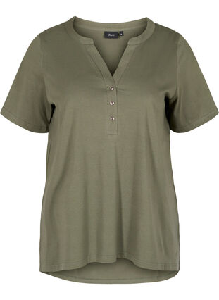 T-Shirt aus Baumwolle mit V-Ausschnitt und Knöpfen, Thyme, Packshot image number 0