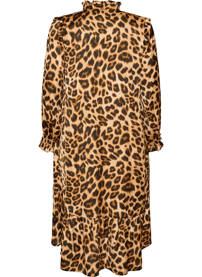Kleid mit Leopardenmuster und R&uuml;schendetails, Braun, Packshot image number 1