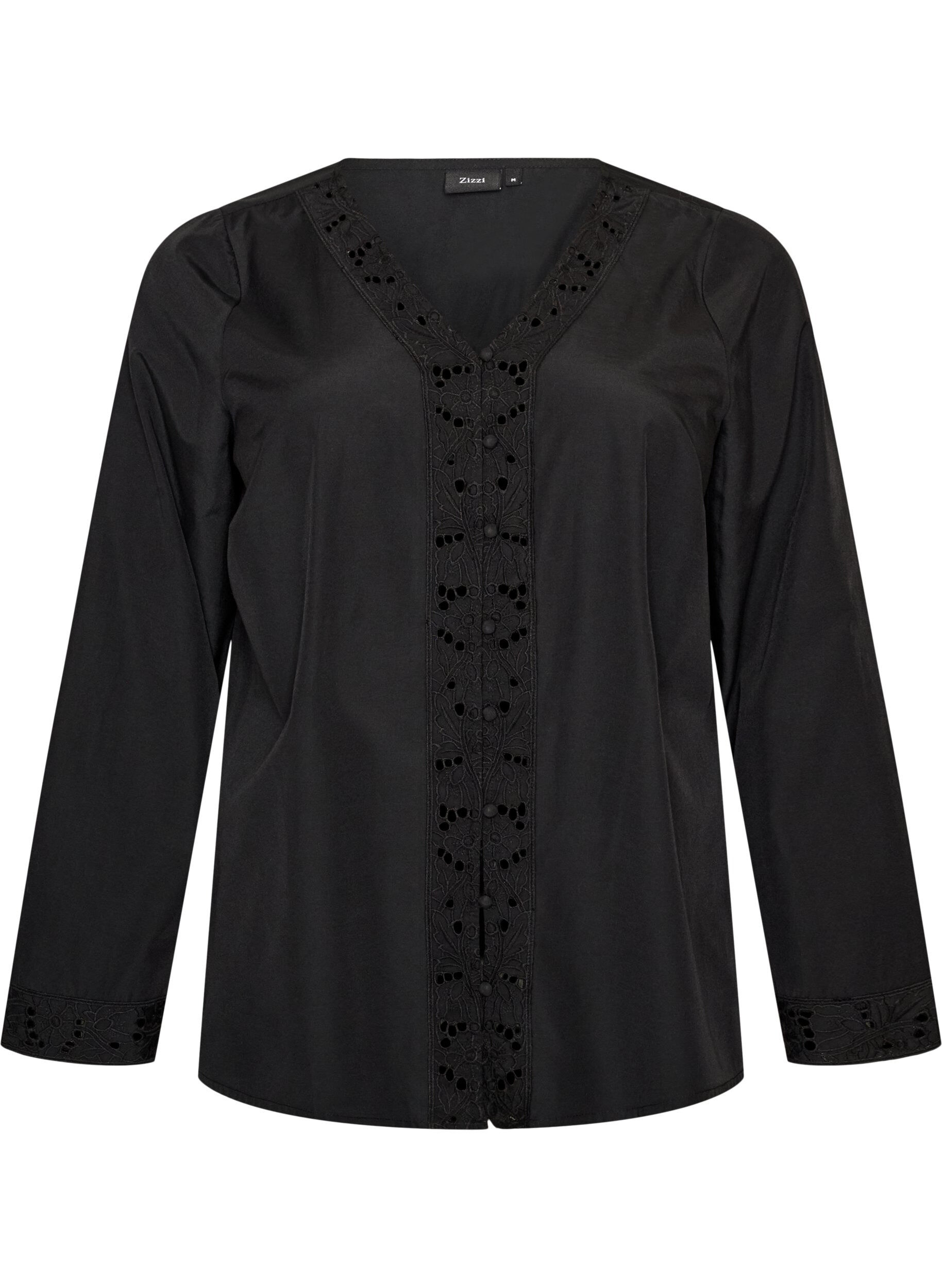 ZizziHemdbluse mit Lochstickerei, Schwarz, Packshot image number 0