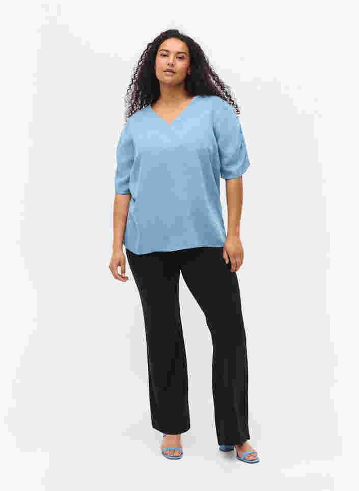 Bluse mit gerafften Ärmeln, Light blue denim, Model image number 3