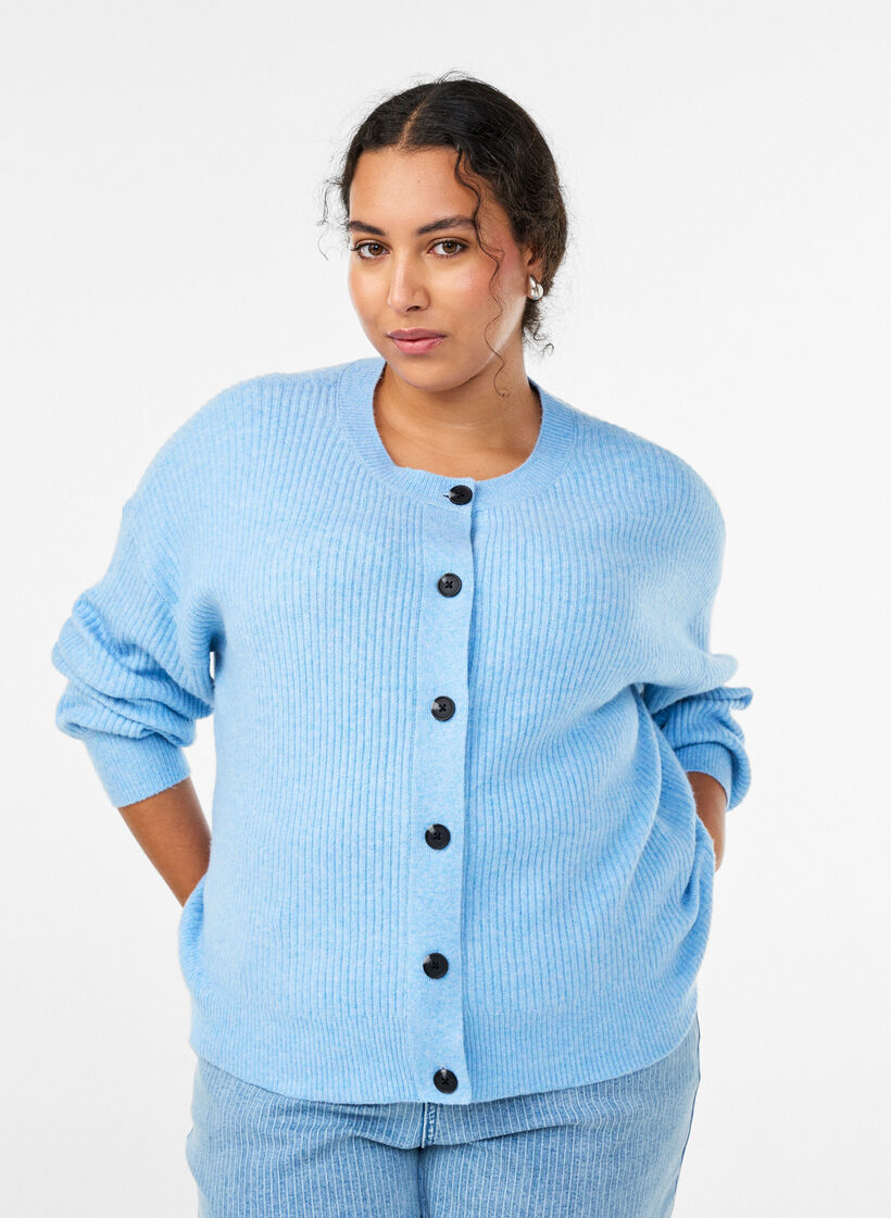 Rippenstrick Strickjacke mit Kn&ouml;pfen, Blau, Model image number 0