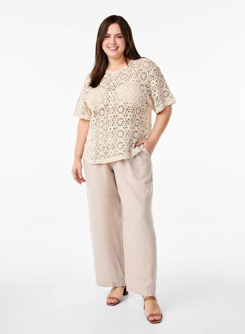 Häkelbluse mit kurzen Ärmeln, Beige, Model image number 1