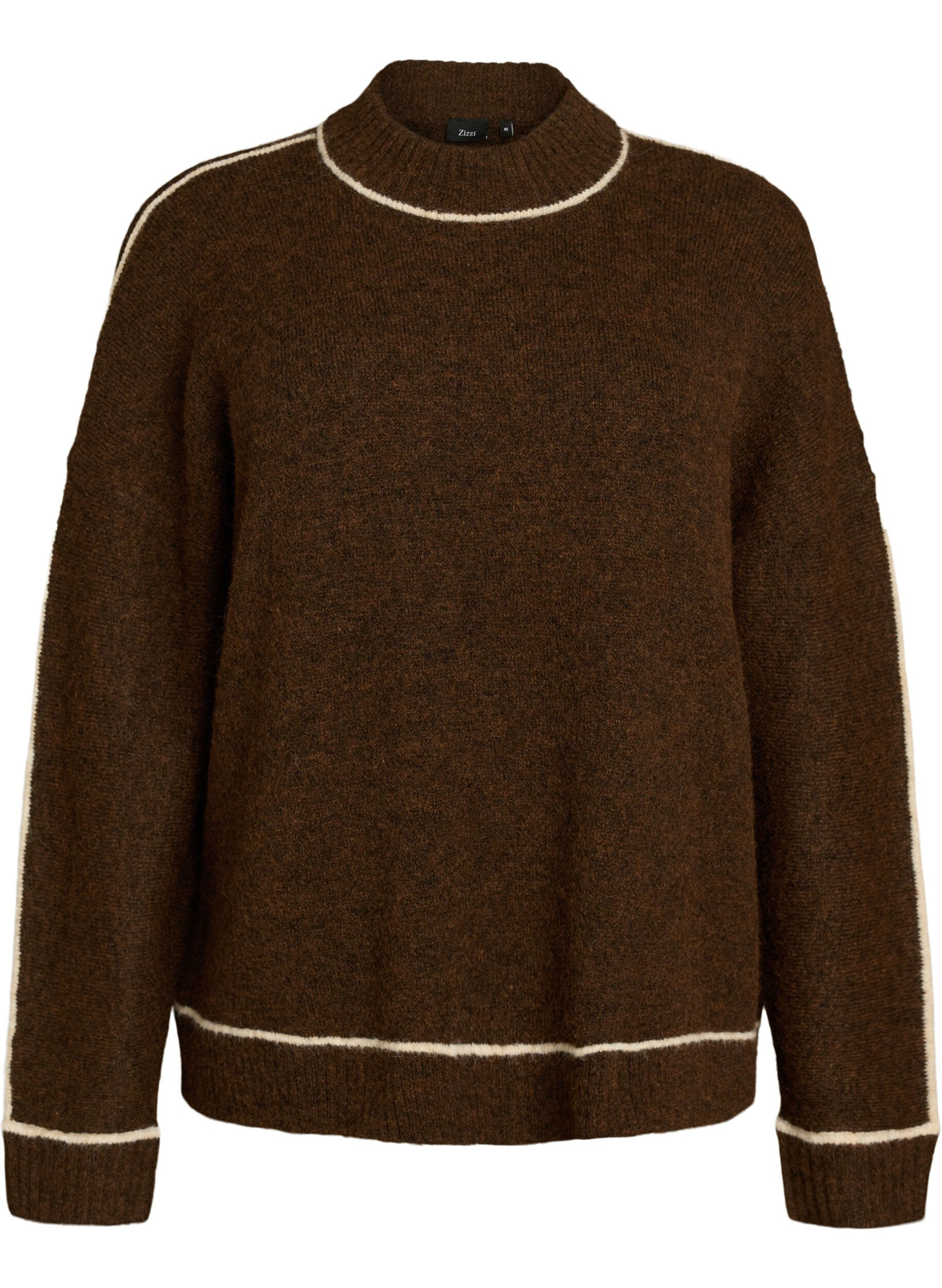 ZizziStrickpullover mit Rollkragen und Kontraststreifen, Braun, Packshot image number 0