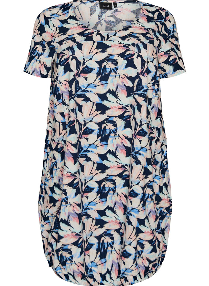 Kurz&auml;rmliges Baumwollkleid mit Aufdruck, Blau, Packshot image number 0