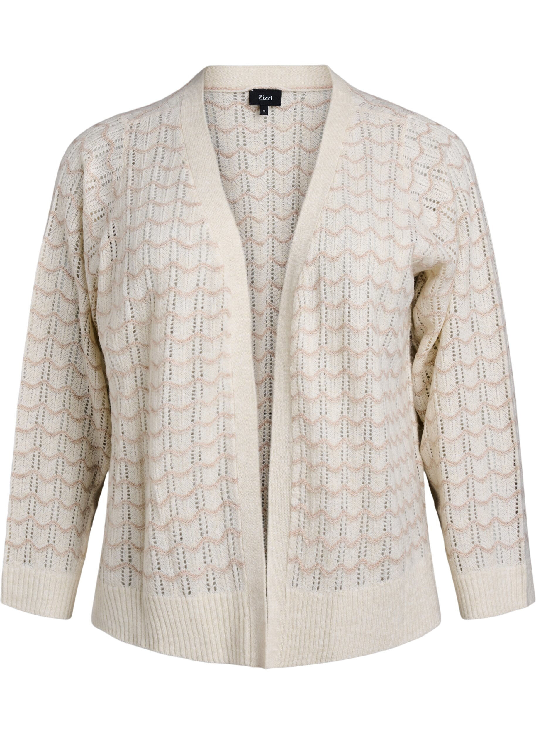 Zizzi Strickjacke mit Lochmuster und Wellenlinien, Birch w. Simply T., Packshot image number 0