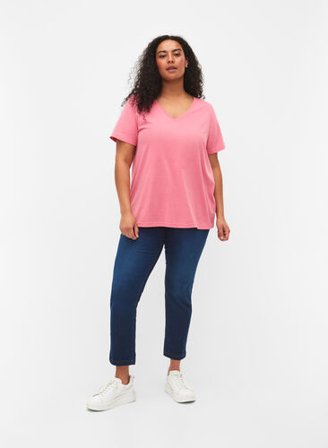 Kurzärmeliges T-Shirt mit V-Ausschnitt, Bubblegum Pink, Model image number 1