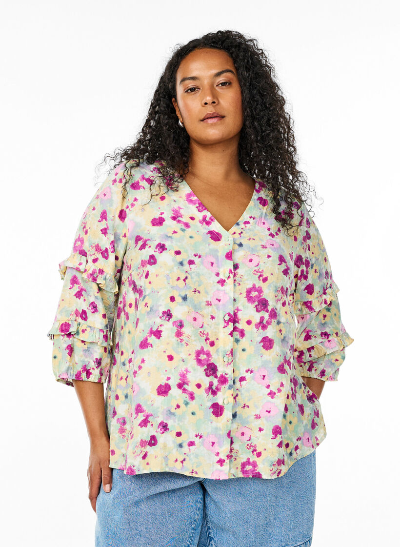 Bluse mit Rüschendetails und Blumendruck, Vanille, Model image number 0