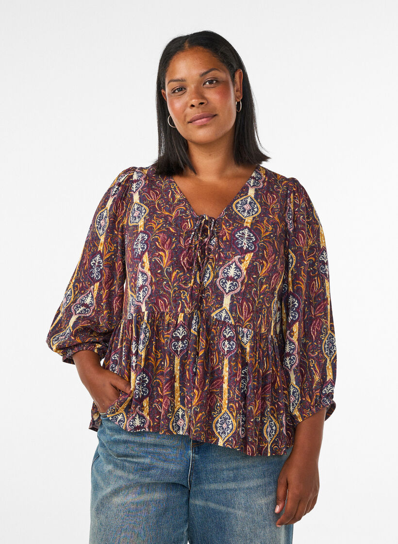 Bluse mit Paisleymuster und Spitzendetails, Lila, Model image number 0