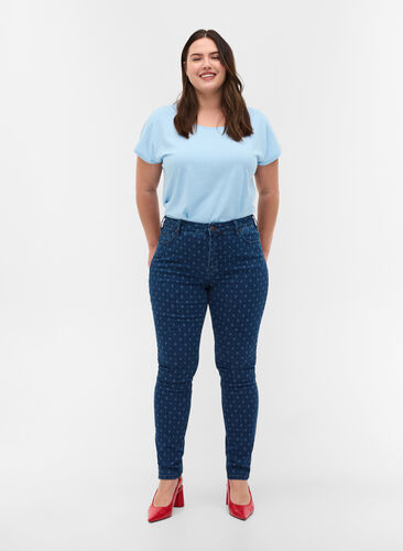 Super Slim Amy Jeans mit Printdetails, Dark blue, Model image number 0