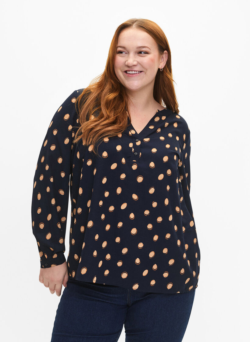 FLASH – Langärmlige Bluse mit Druck, Blue Double Dot, Model image number 0