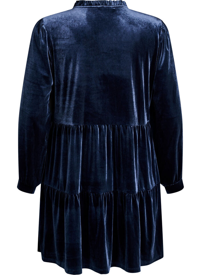 Kurzes Kleid aus Velours mit R&uuml;schenkragen und langen &Auml;rmeln, Blau, Packshot image number 1