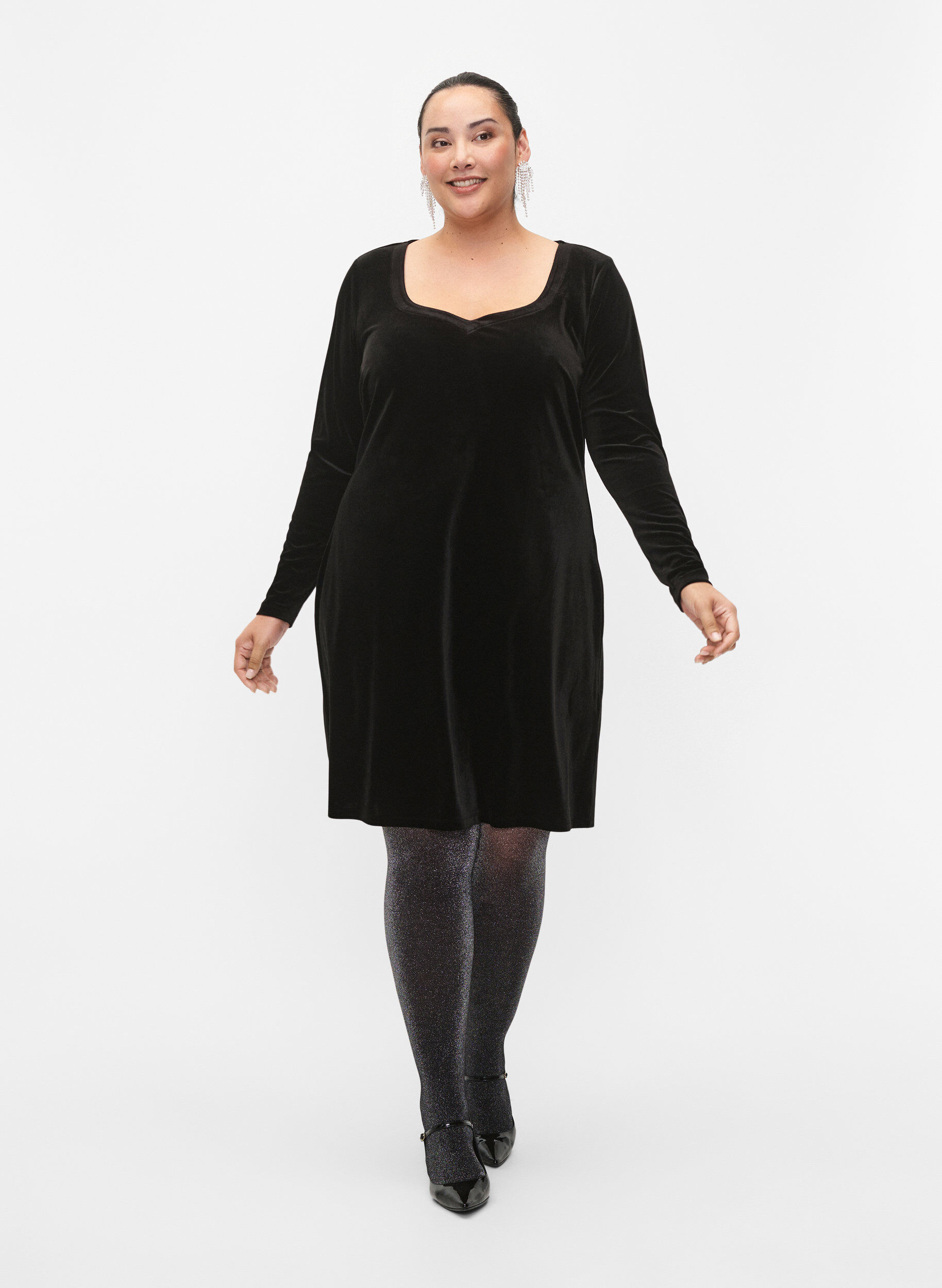 Zizzi Samtkleid mit langen &Auml;rmeln, Black, Model image number 3