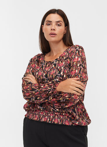 Bedruckte Bluse mit langen Ärmeln und Raffung, Black Oriental, Model image number 0