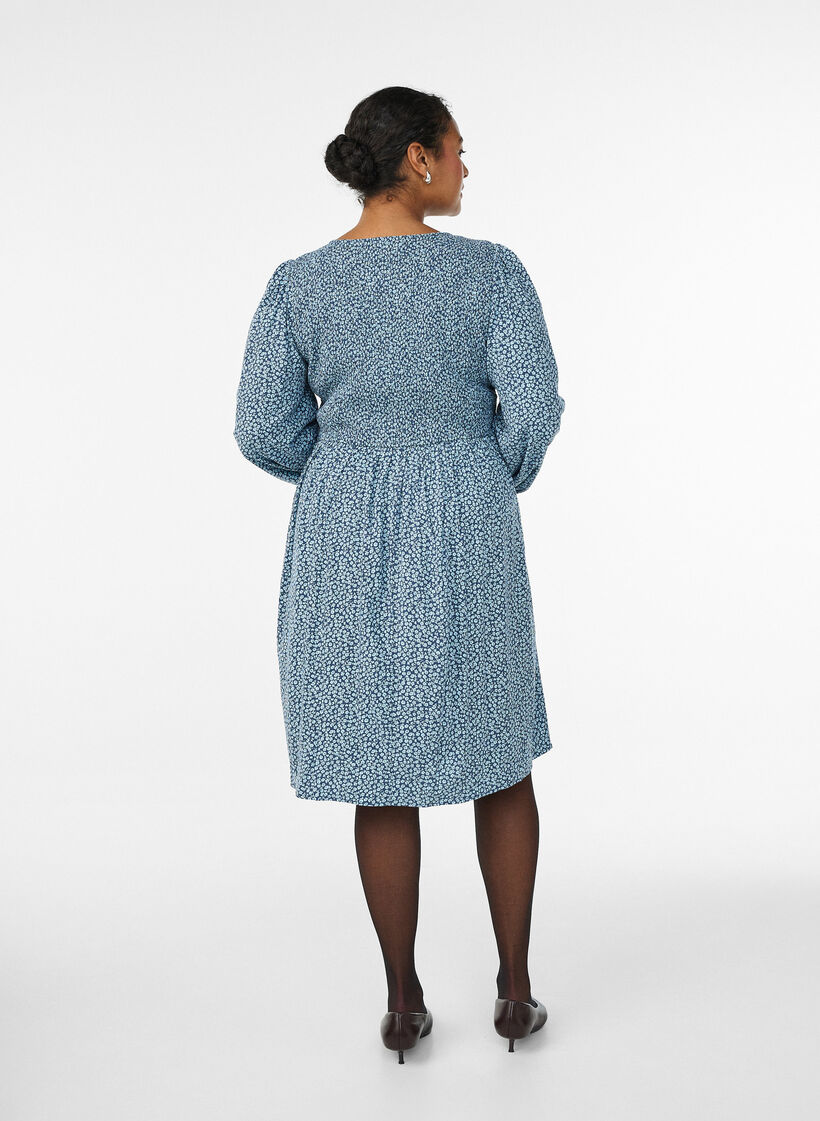 Kleid mit gesmoktem Oberteil und kleingeblümtem Muster, Blau, Model image number 2