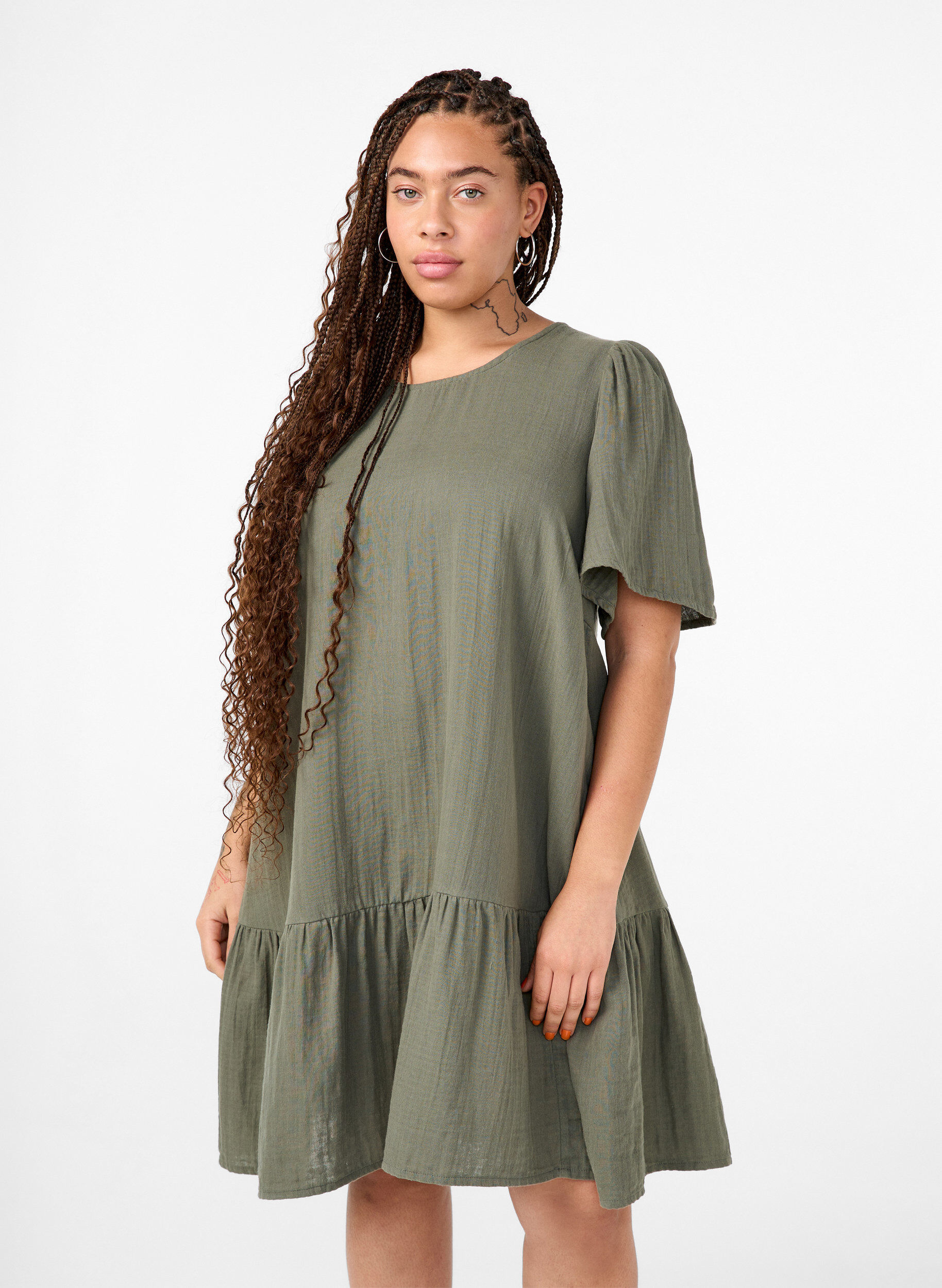 Zizzi Kurz&auml;rmliges Kleid aus Baumwolle mit A-Linien-Schnitt, Thyme, Model image number 0