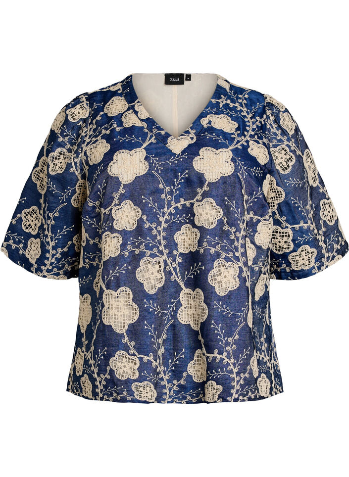 Bluse mit V-Ausschnitt und gesticktem Muster, Blau, Packshot image number 0