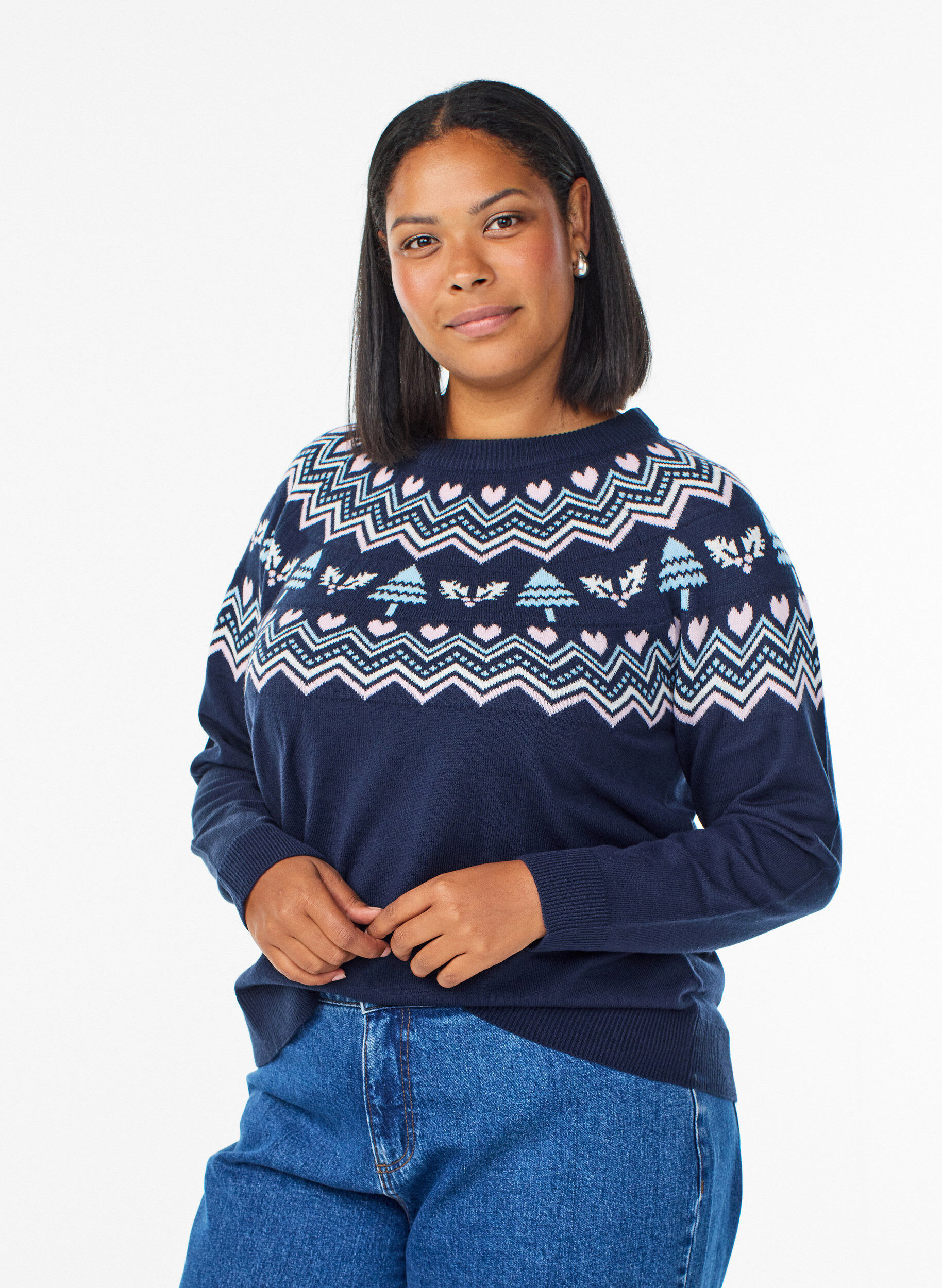 Strickbluse mit Jacquardmuster und Weihnachtsmotiven, Blau, Model