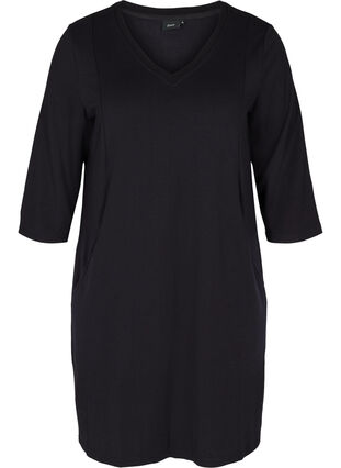 Kleid mit V-Ausschnitt und 3/4-Ärmeln, Black, Packshot image number 0