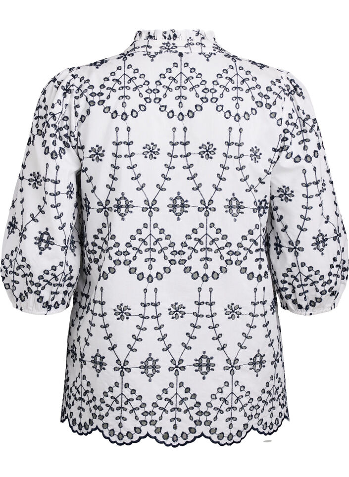 Bluse mit 3/4-Ärmeln und kontrastierender Broderie Anglaise, Weiß, Packshot image number 1