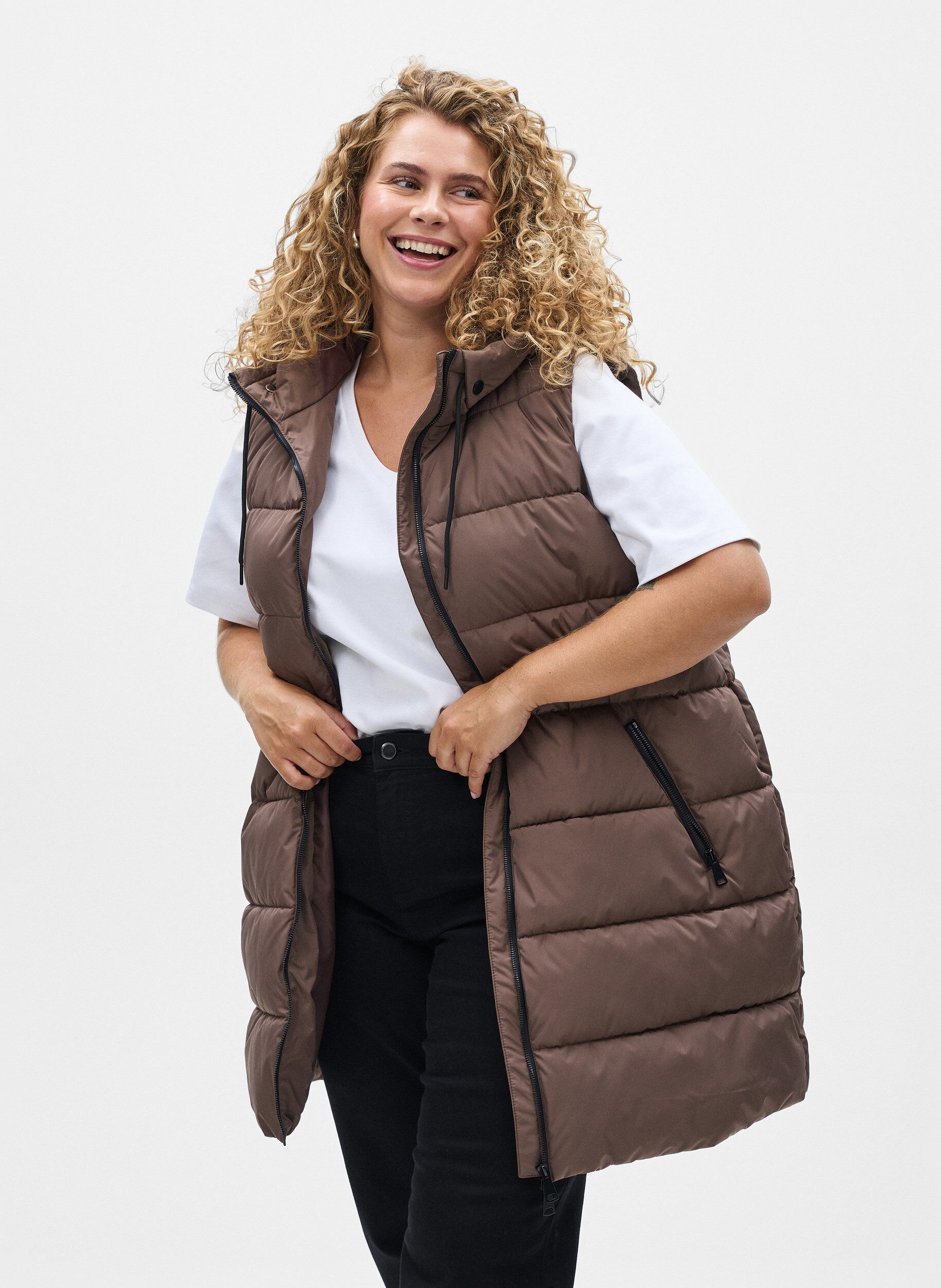 ZizziLanger Weste mit Kapuze und Taschen, Braun, Model image number 0