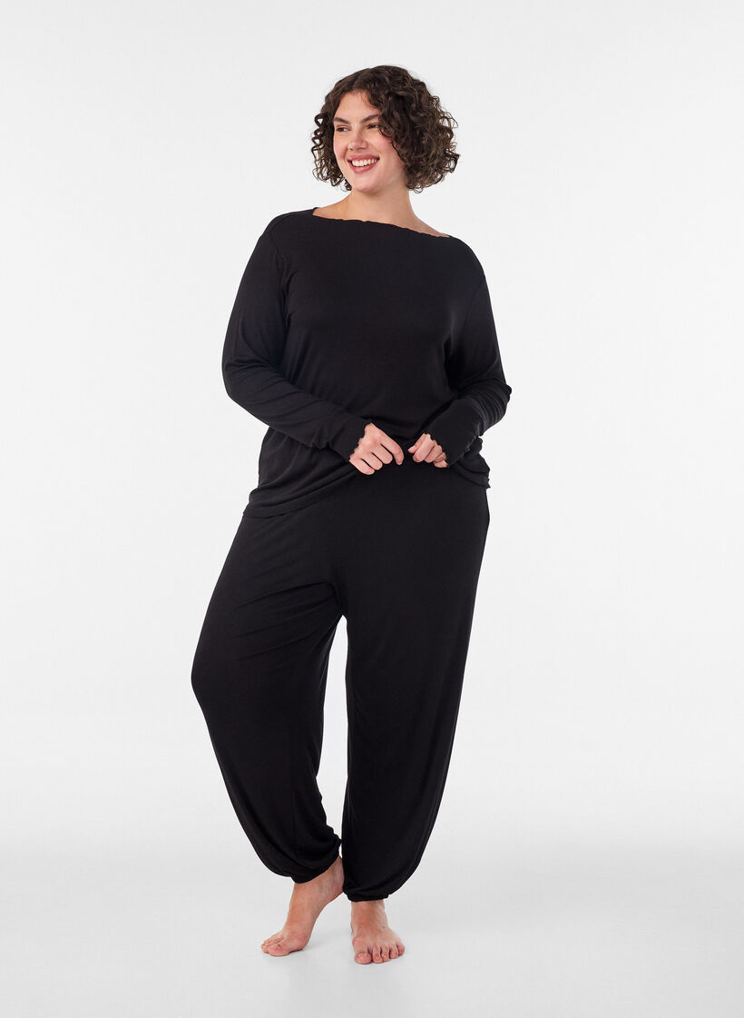 Lockere Pyjamahose aus Viskose mit elastischem Bund, Schwarz, Model image number 0