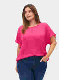 Bluse mit kurzen Ärmeln und Rundhalsausschnitt, Beetroot Purple, Model