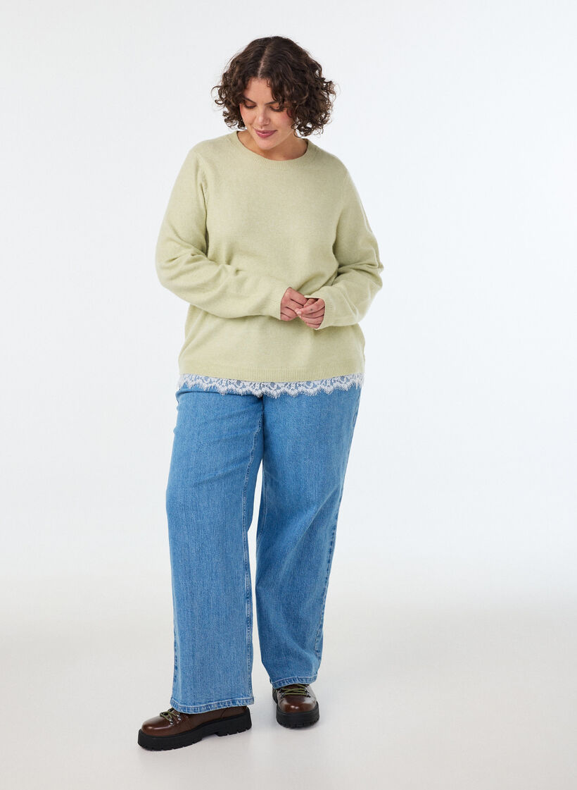 Strickbluse mit Spitzenbesatz am Saum, Gr&uuml;n, Model image number 1