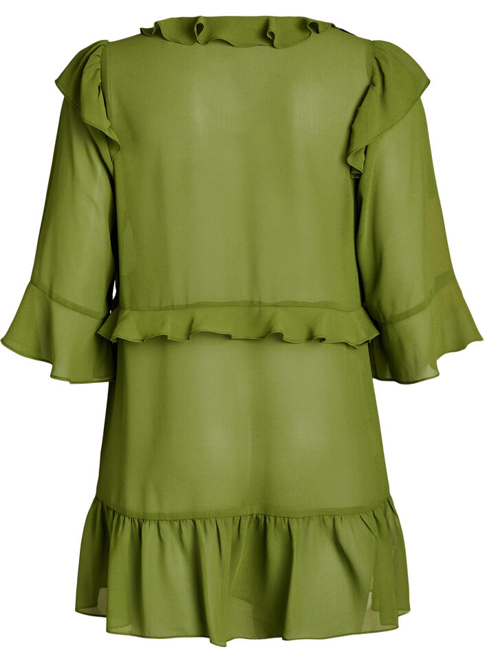 Leichtes Kleid mit R&uuml;schen und V-Ausschnitt, Gr&uuml;n, Packshot image number 1