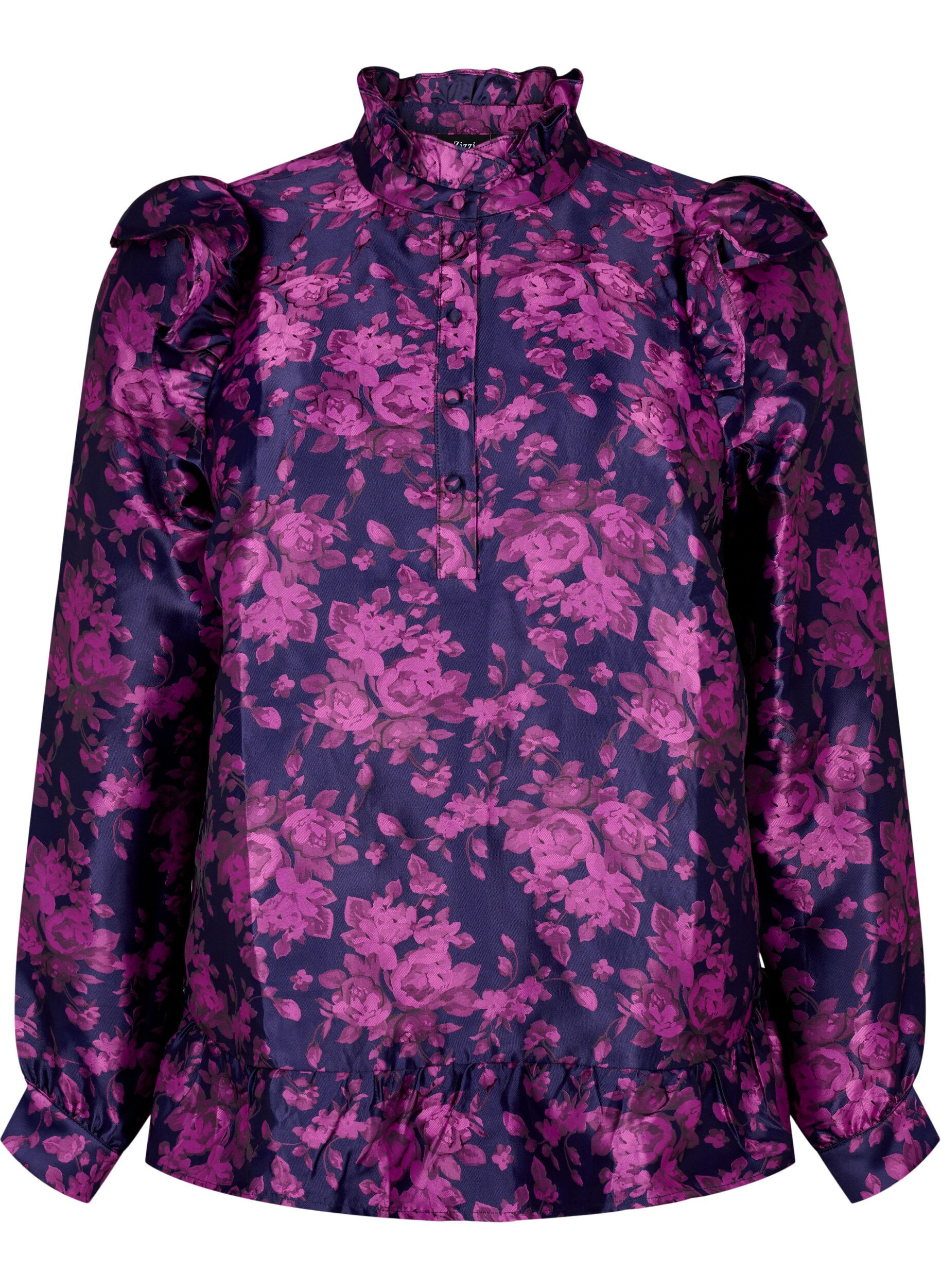 Zizzi  Gebl&uuml;mte Jacquard-Bluse mit R&uuml;schendetails, Dark Blue Pink, Packshot image number 0