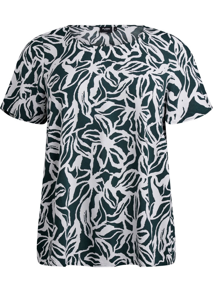 Kurz&auml;rmelige Bluse aus Viskose mit Print, Gr&uuml;n, Packshot image number 0