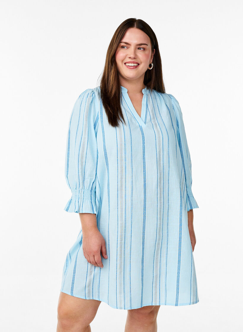 Kurzes Kleid aus Baumwolle mit Streifenmuster, Blau, Model image number 0