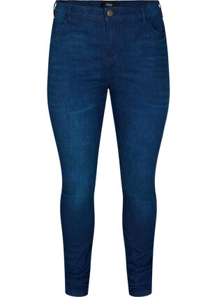 Super Slim Amy Jeans mit hoher Taille, Dark blue, Packshot image number 0
