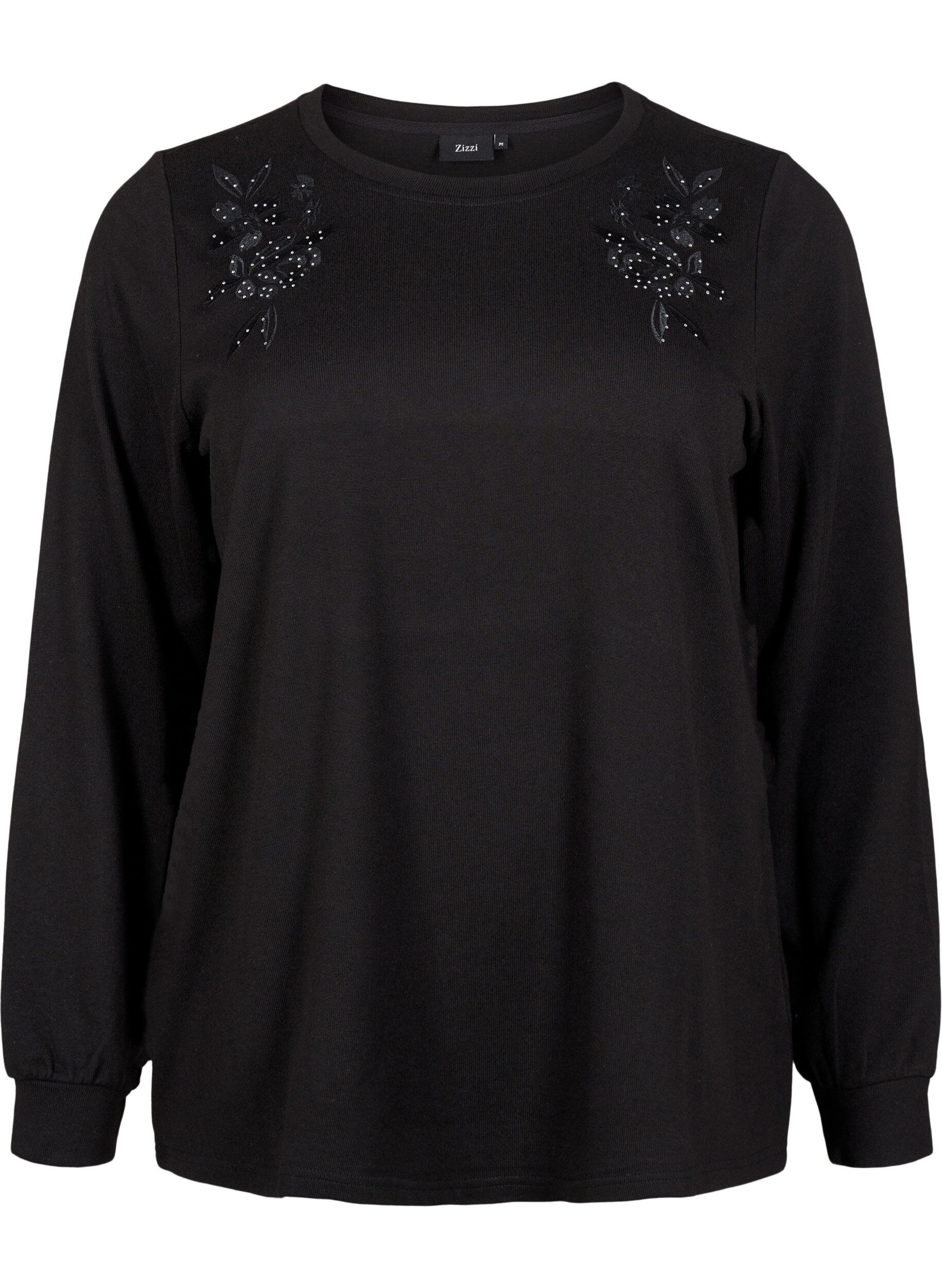 Zizzi Bluse mit Stickerei und Strasssteinen, Black, Packshot image number 0