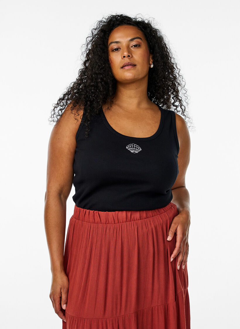 Tailleiertes Top mit Motiv, Schwarz, Model image number 0