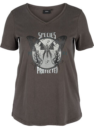 Kurzarm T-Shirt mit V-Ausschnitt und Print, Dark Grey Acid wash, Packshot image number 0