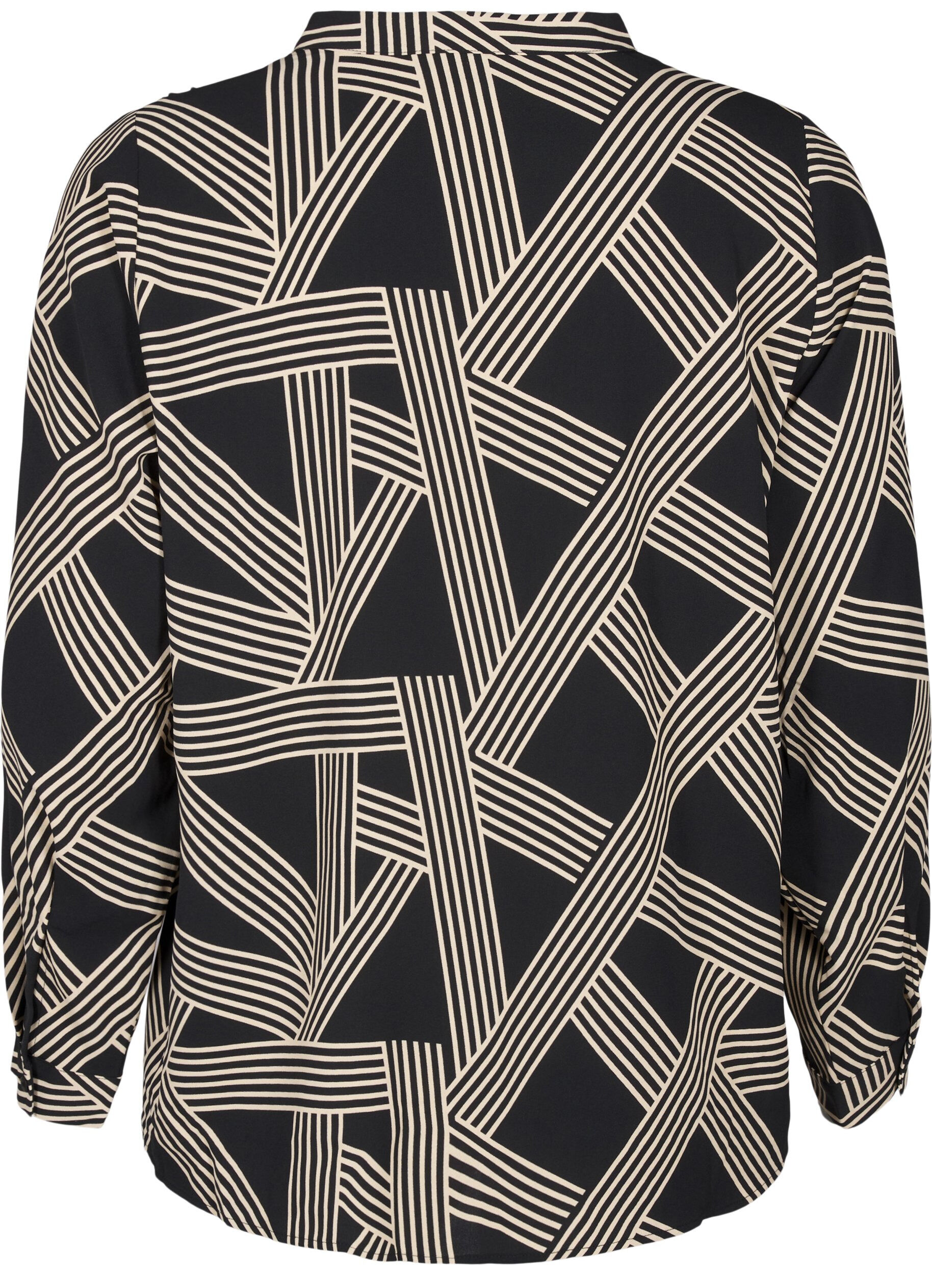 Zizzi Lang&auml;rmelige Hemdbluse mit V-Ausschnitt, BLACK BEIGE GRAPHIC, Packshot image number 1
