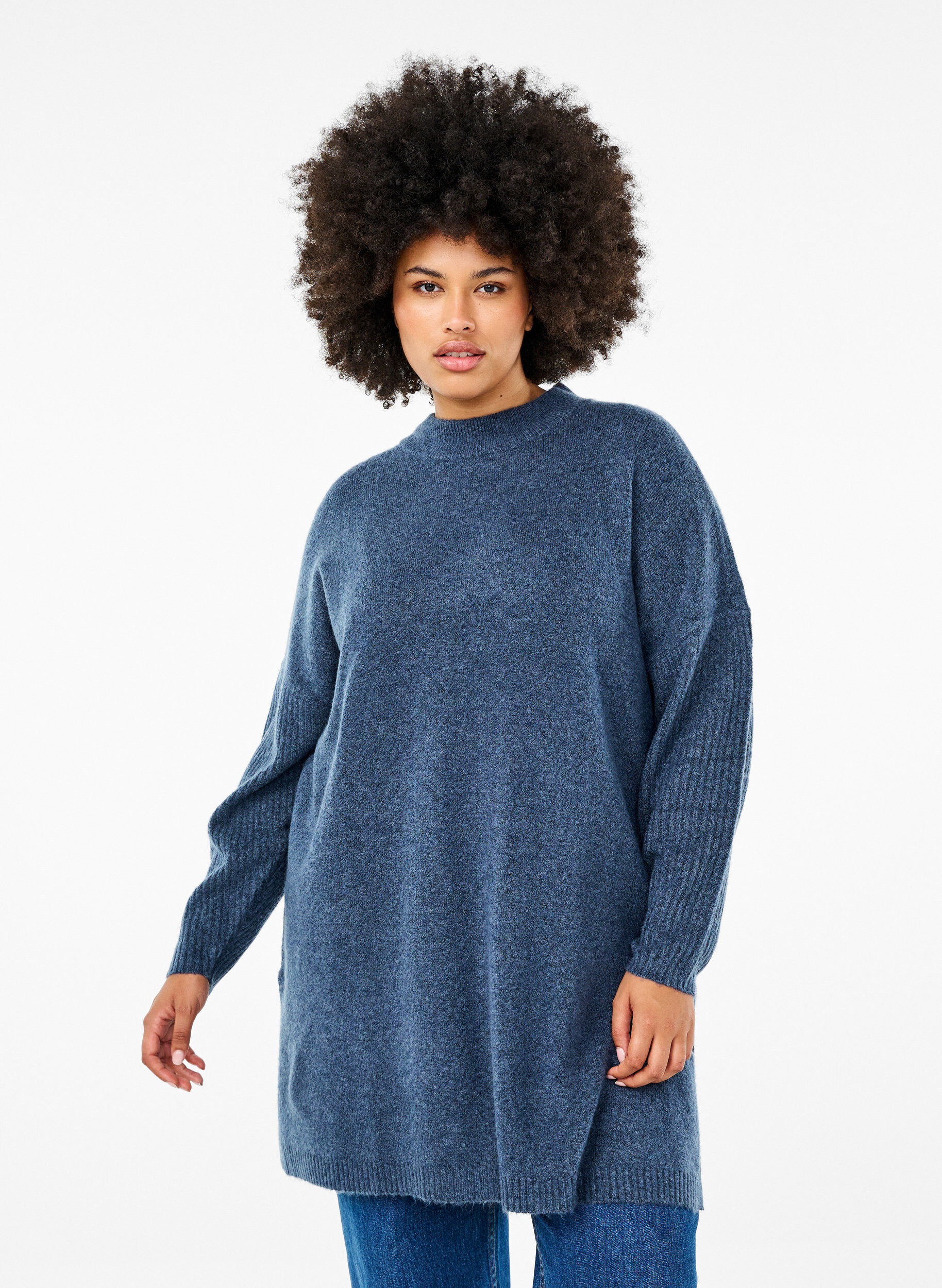 Zizzi Lange Strickbluse mit langen &Auml;rmeln, Bering Sea Mel., Model image number 0