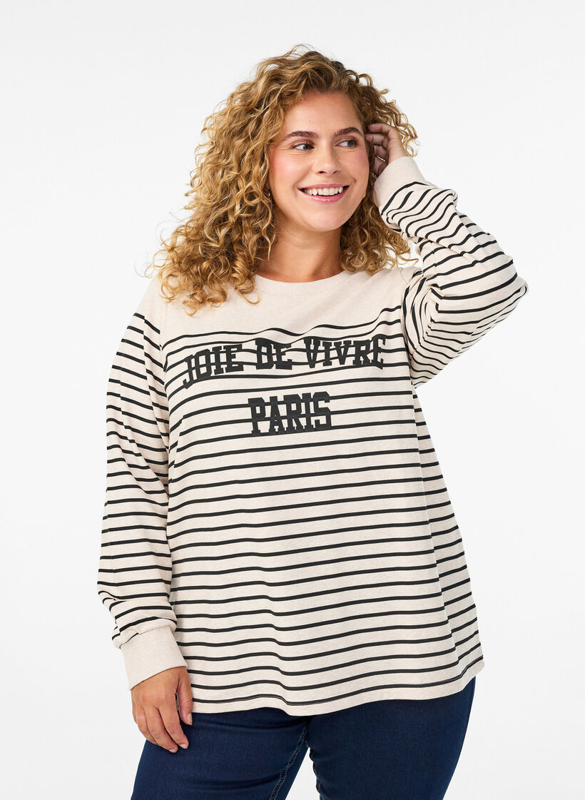 Sweatshirt mit Streifen und Textaufdruck, Beige, Model image number 0