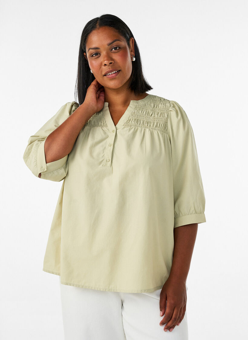 Bluse mit Smock und 3/4-&Auml;rmeln, Gr&uuml;n, Model image number 0