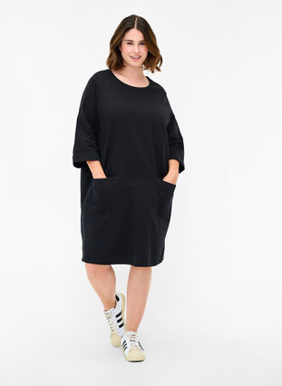 Sweatkleid aus Baumwolle mit 3/4-Ärmeln und Taschen, Black, Model image number 2
