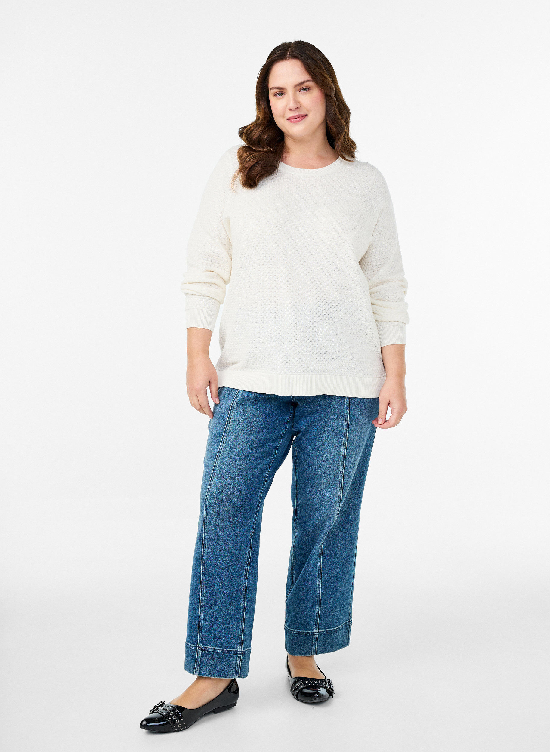 Zizzi Strickbluse aus Baumwolle mit Strukturmuster, Vanille, Model image number 1