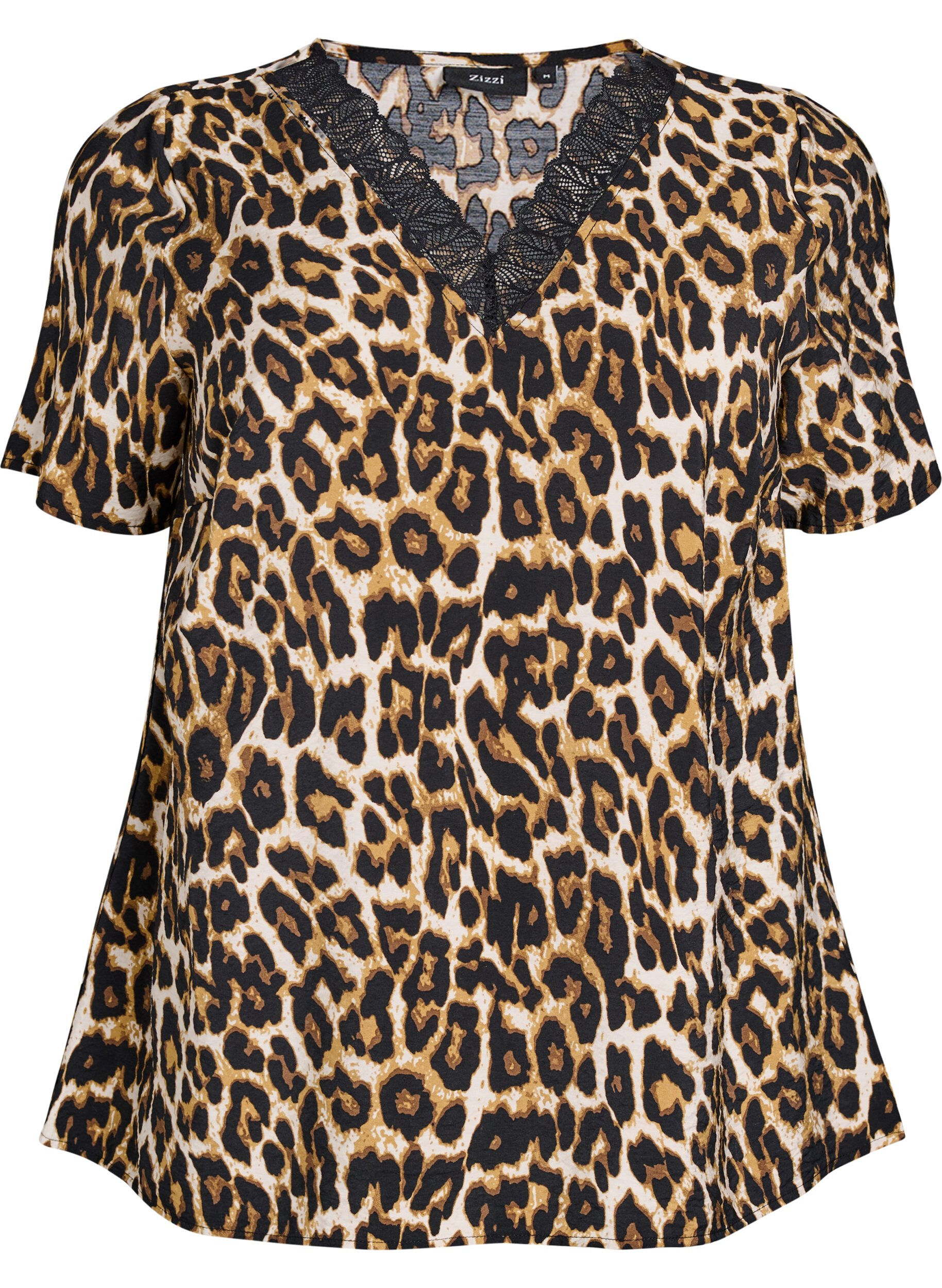 Zizzi Kurz&auml;rmelige Viskosebluse mit Spitzenbesatz, Braun, Packshot image number 0