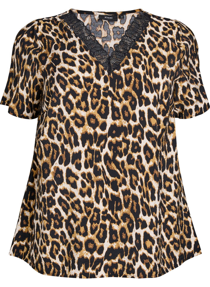 Kurzärmelige Viskosebluse mit Spitzenbesatz, Braun, Packshot image number 0