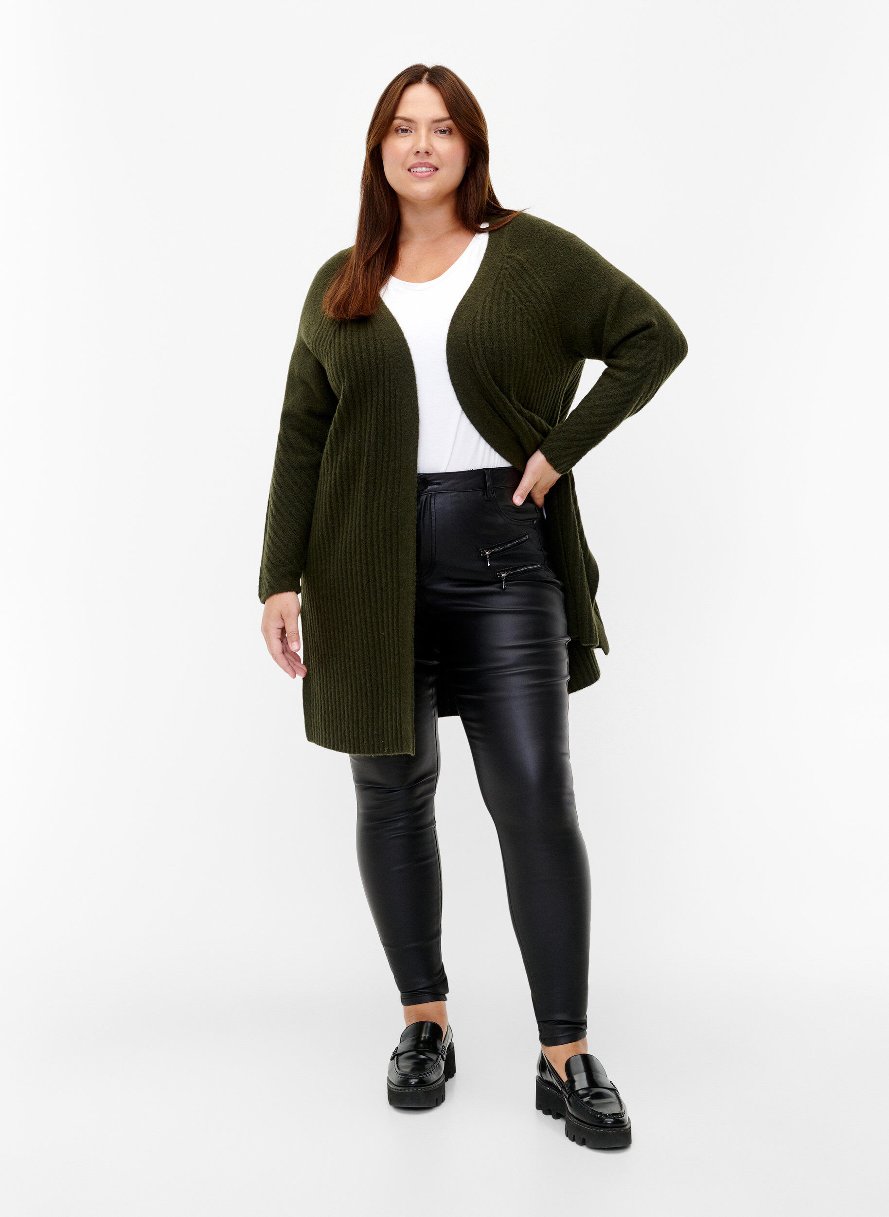 Zizzi Lange Strickjacke aus Rippenstrick, Forest Night Mel., Model image number 2