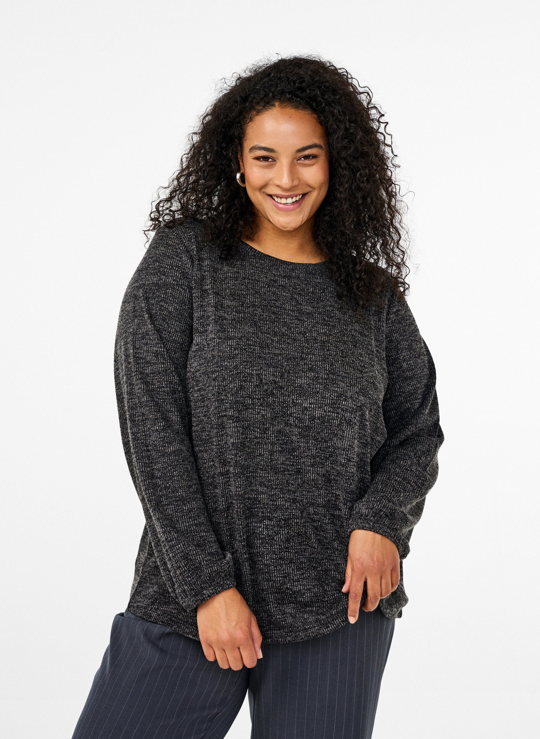 Zizzi FLASH - Bluse aus Jersey mit langen &Auml;rmeln, Grau, Model image number 0