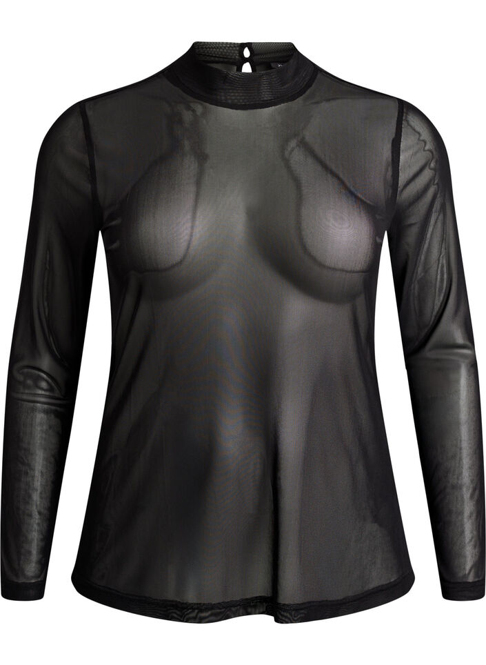Enganliegende Mesh-Bluse mit langen &Auml;rmeln, Schwarz, Packshot image number 0