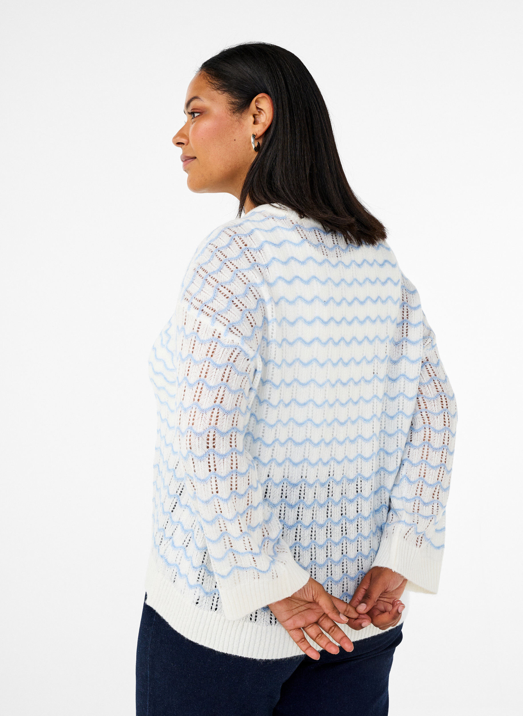 Zizzi Lockere Strickbluse mit Wellenmuster, Cloud Dancer Comb, Model image number 1
